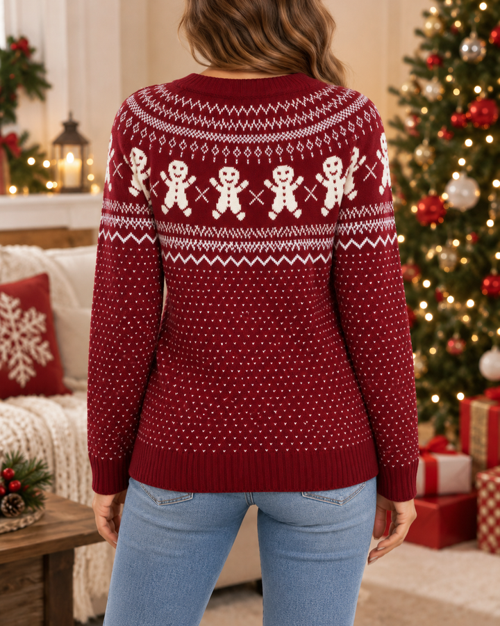 Back view with round neckline, gingerbread motifs and ribbed hem