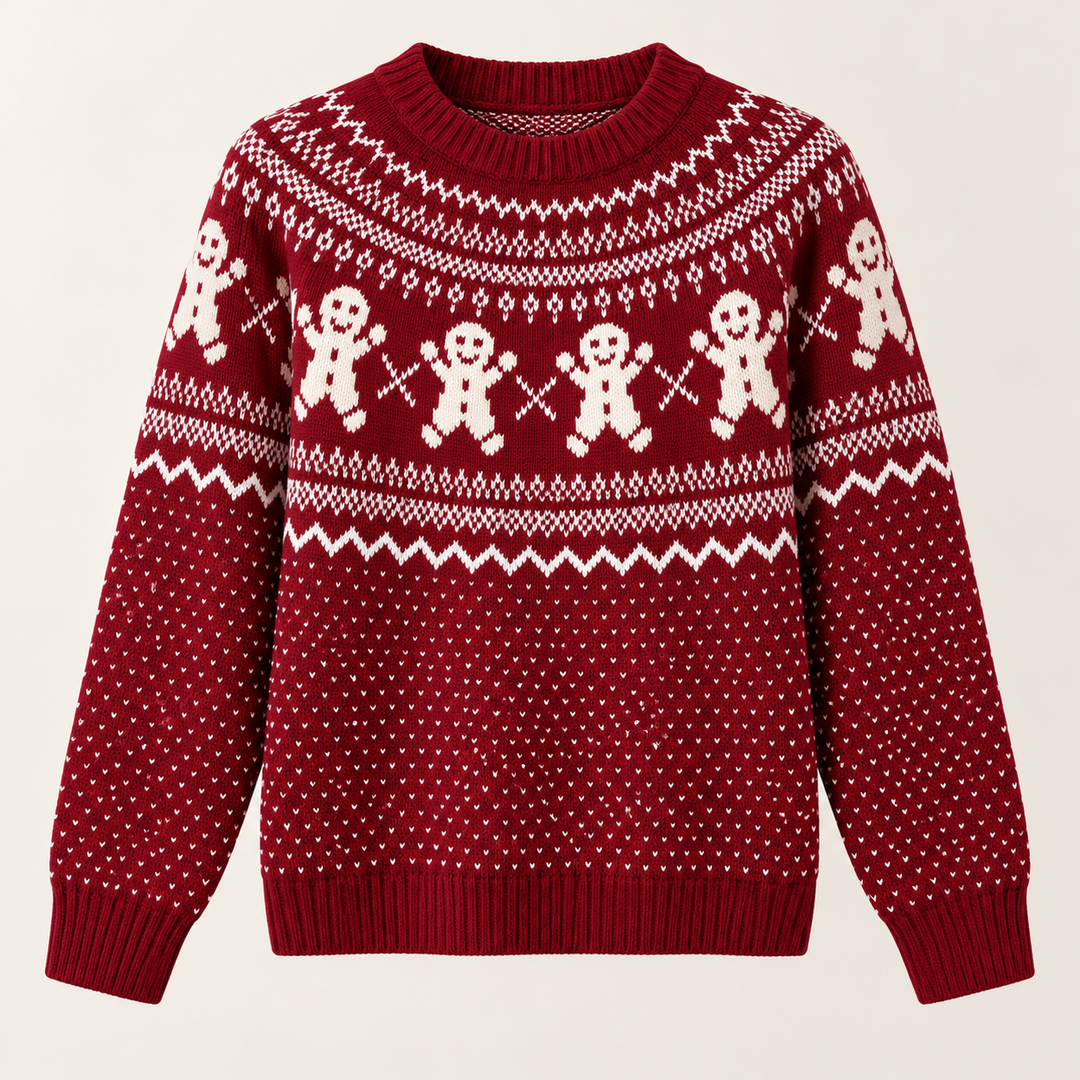 Flat lay of the jumper with round neckline, long sleeves, banded cuffs and ribbed hem