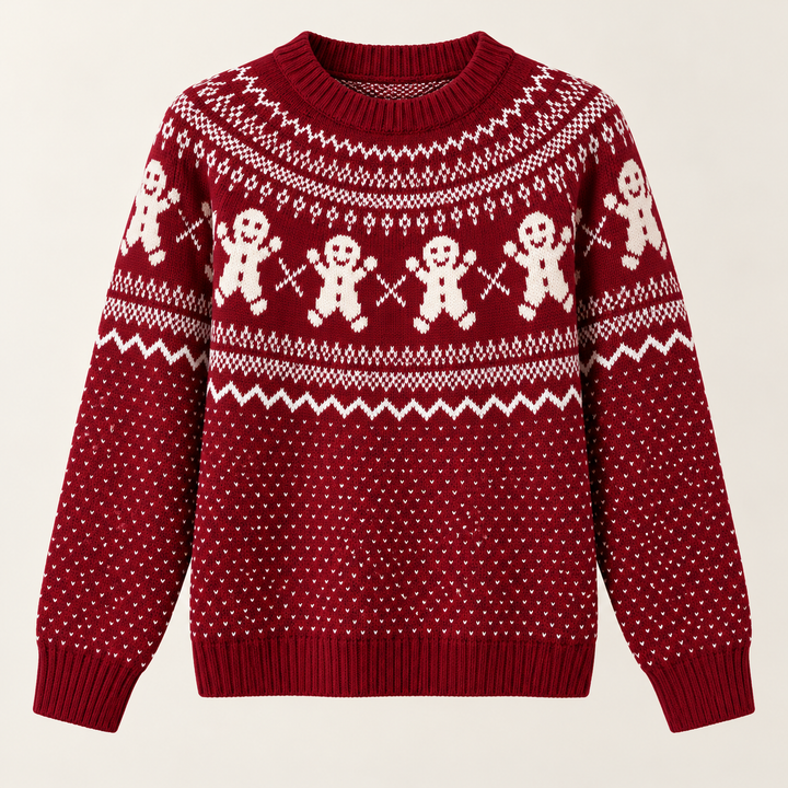 Flat lay of the jumper with round neckline, long sleeves, banded cuffs and ribbed hem