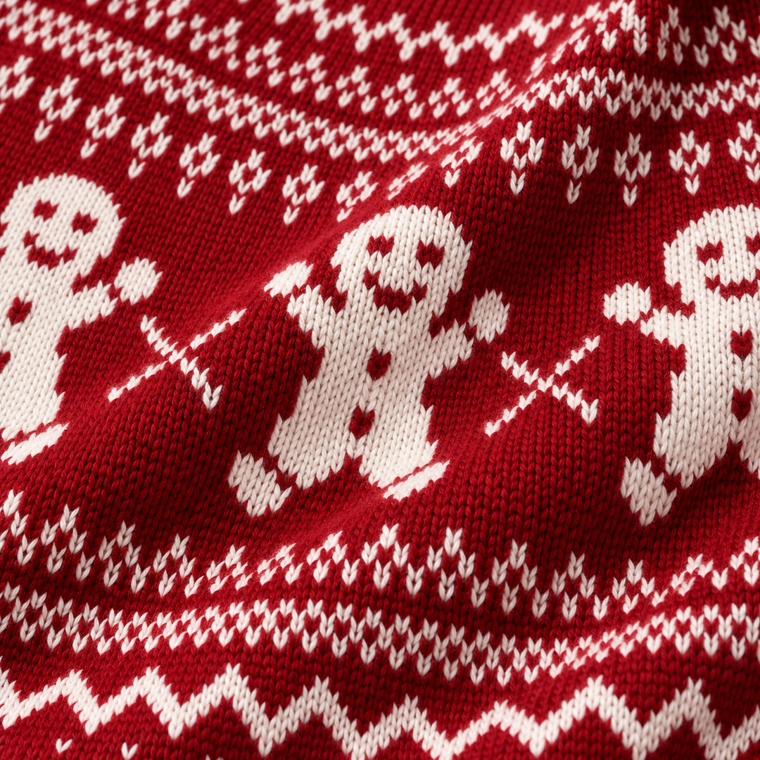Close-up of the knit surface with gingerbread motifs