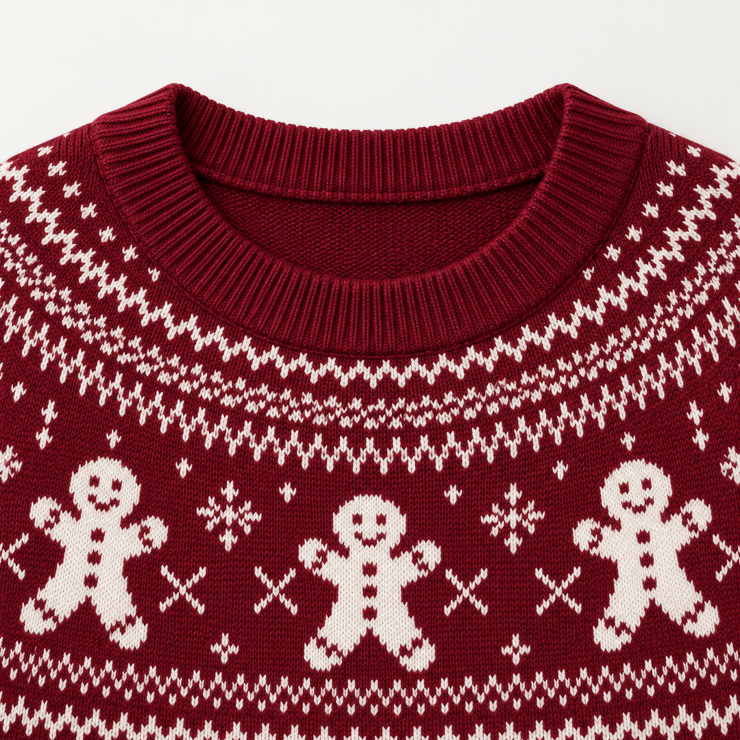 Detail of the ribbed round neckline and gingerbread motifs