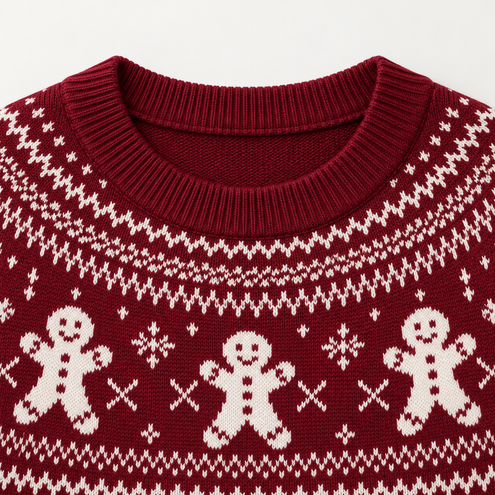Detail of the ribbed round neckline and gingerbread motifs