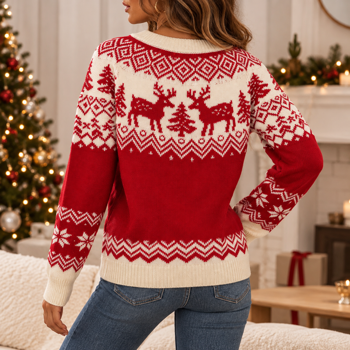 Back view of bodice with reindeer motifs and ribbed hem