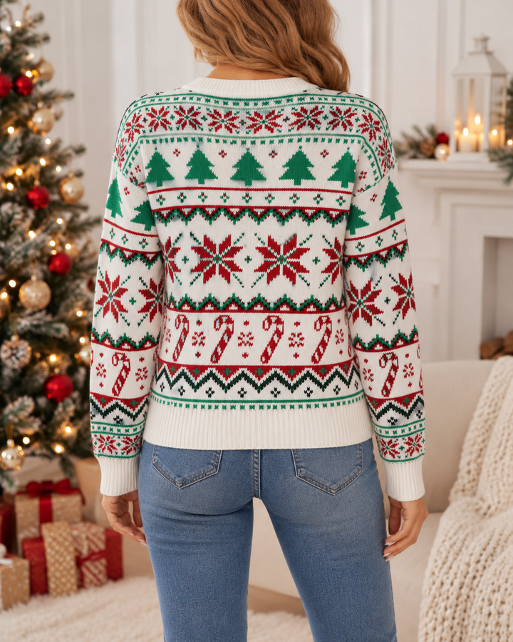 Back view showing jacquard body and long sleeves