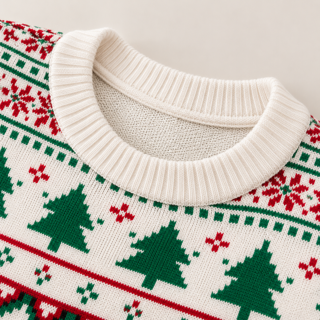 Detail view of ribbed round neckline and jacquard body