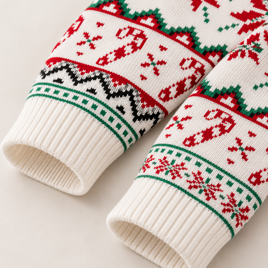 Detail view of banded cuffs and jacquard sleeves