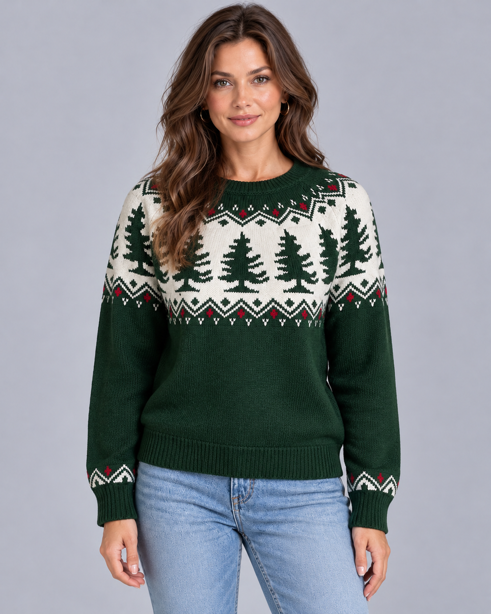 Front view showing ribbed round neckline and fair isle yoke with pine tree pattern