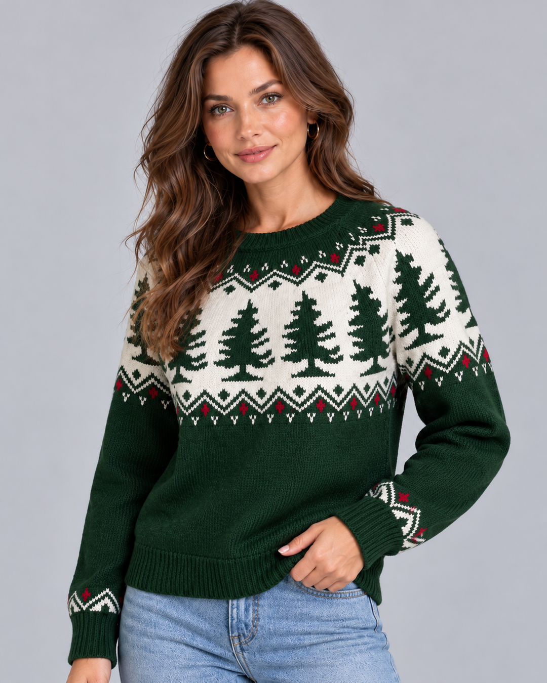 Front view showing fair isle yoke and ribbed cuffs with pattern, green
