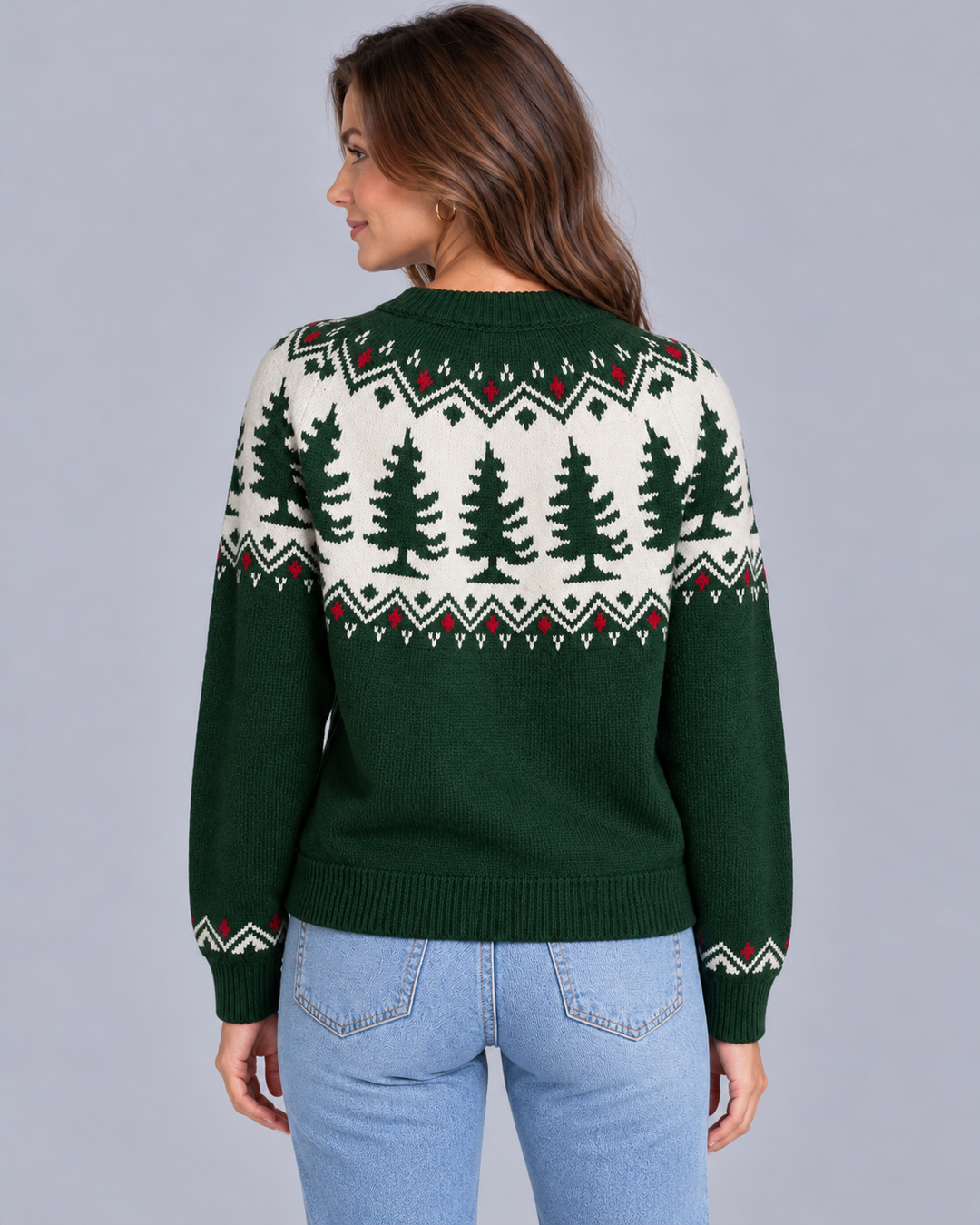 Back view showing fair isle yoke pine tree pattern and ribbed hem