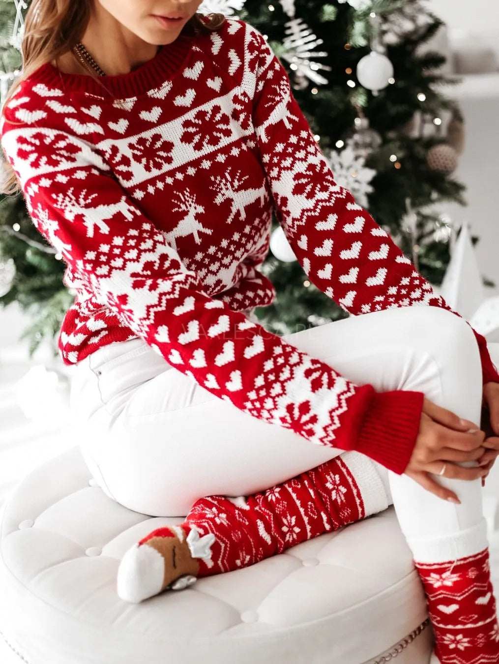 Front view of jumper bodice and long sleeves with fair isle print, red