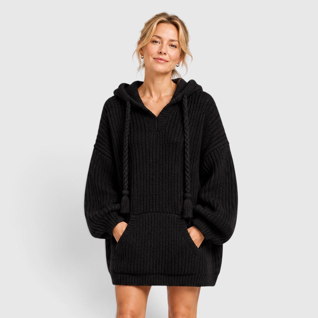 Women’s Knit Hoodie with Front Kangaroo Pocket and Braided Drawstrings