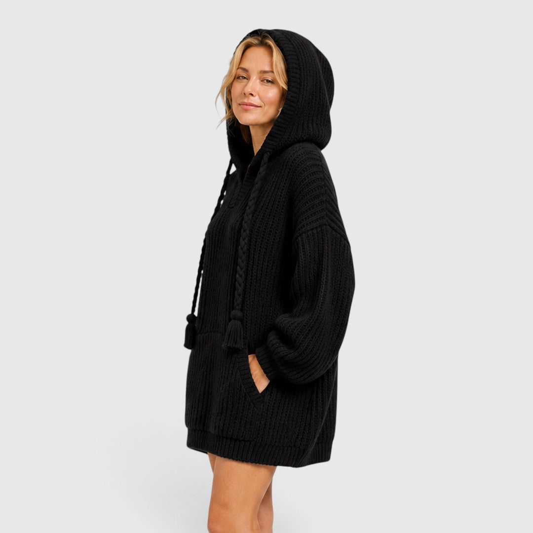 Women’s Knit Hoodie with Front Kangaroo Pocket and Braided Drawstrings