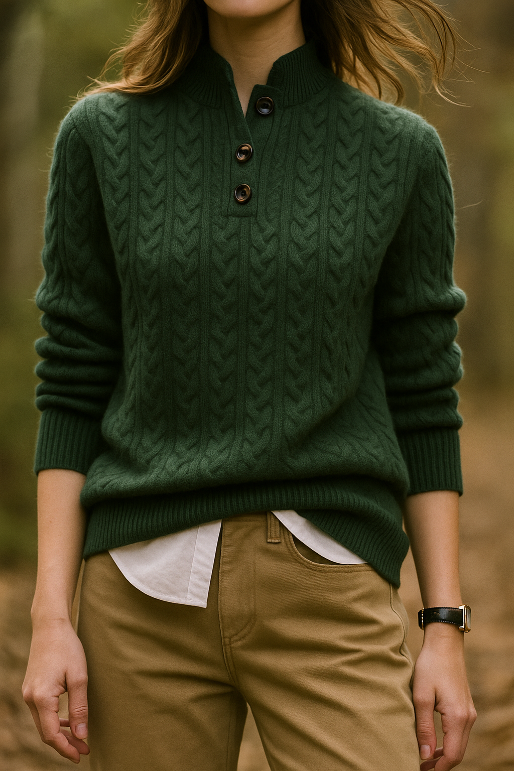 Front view showing stand collar and button placket