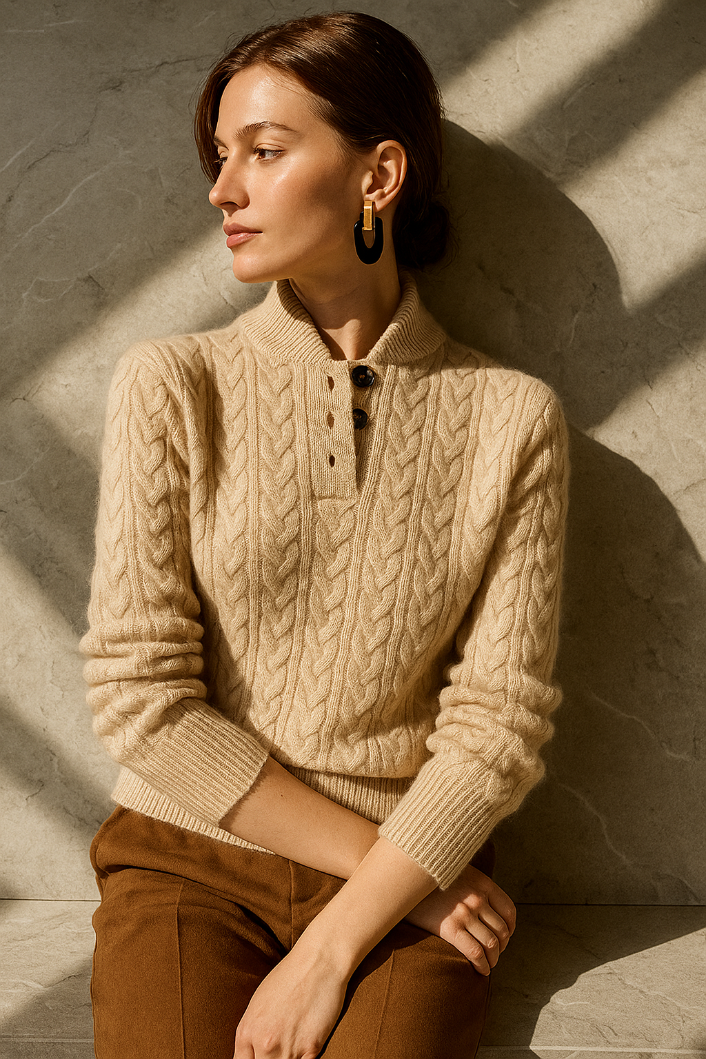 Front view showing stand collar and ribbed cuffs