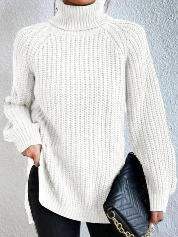Front view showing turtleneck and side slit, white