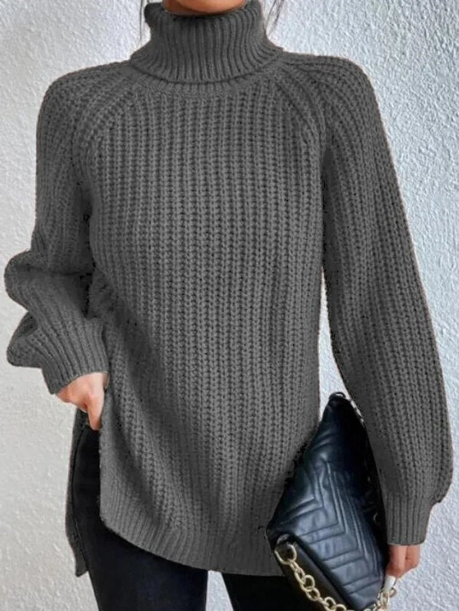 Front view showing turtleneck and banded cuffs, grey