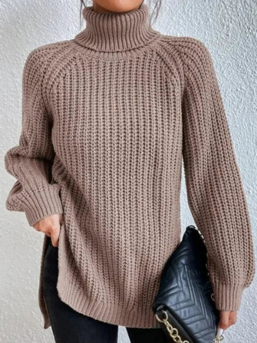 Front view showing turtleneck and raglan sleeves, light brown