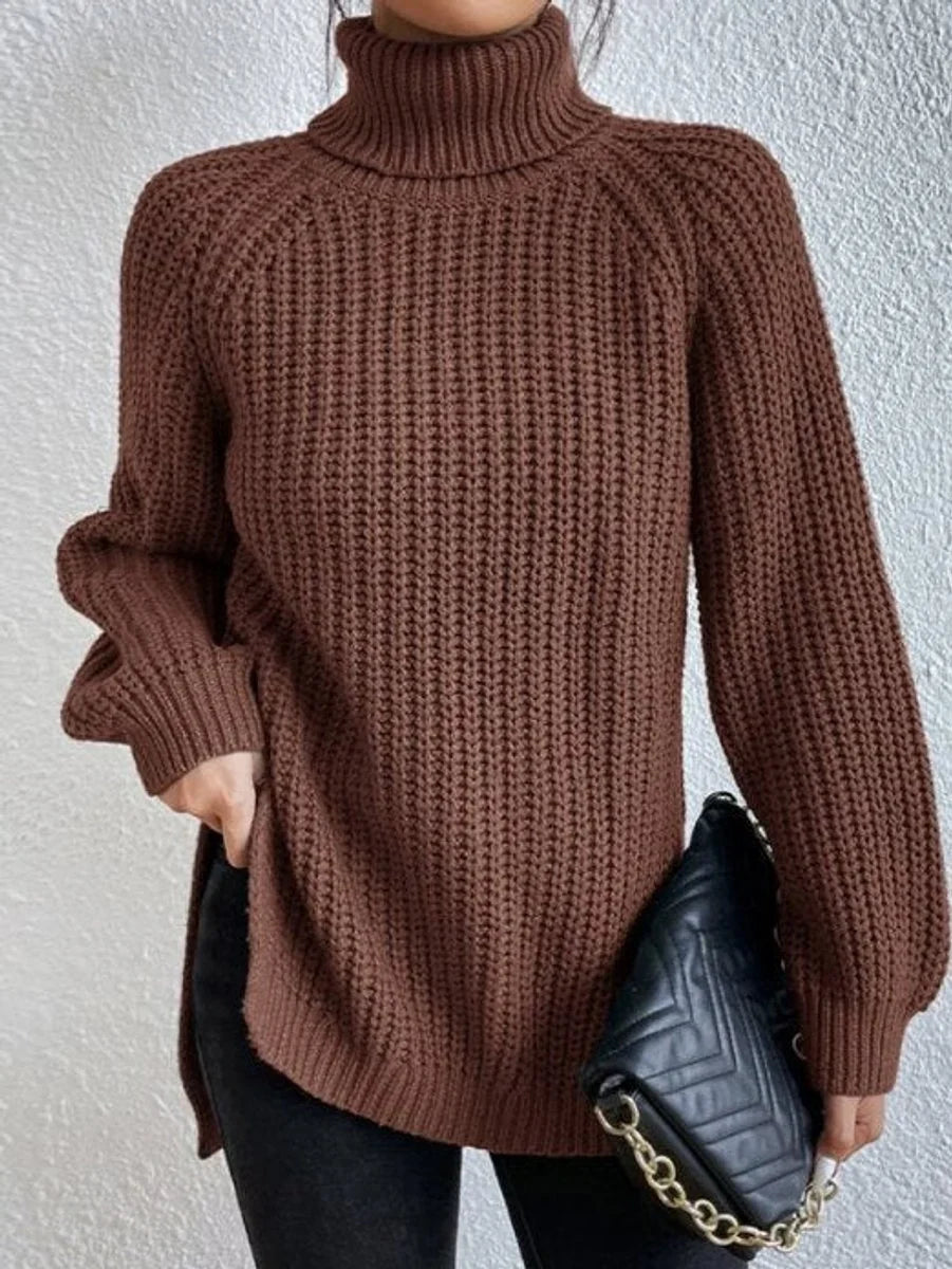 Front view showing turtleneck and side slit, amber