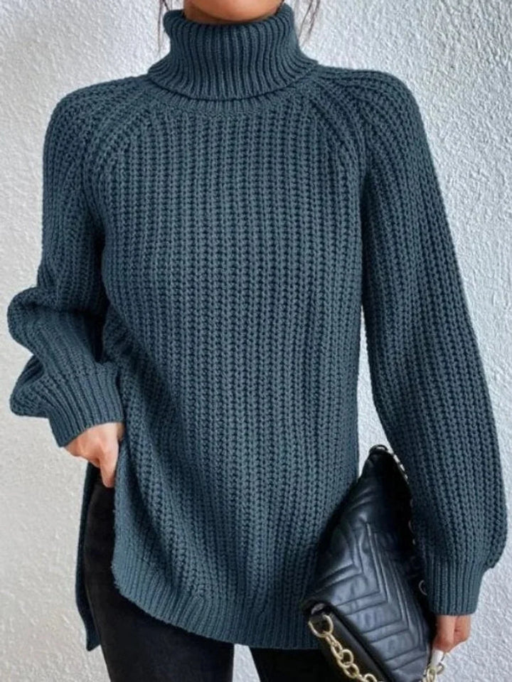Front view showing turtleneck and raglan sleeves, ocean blue