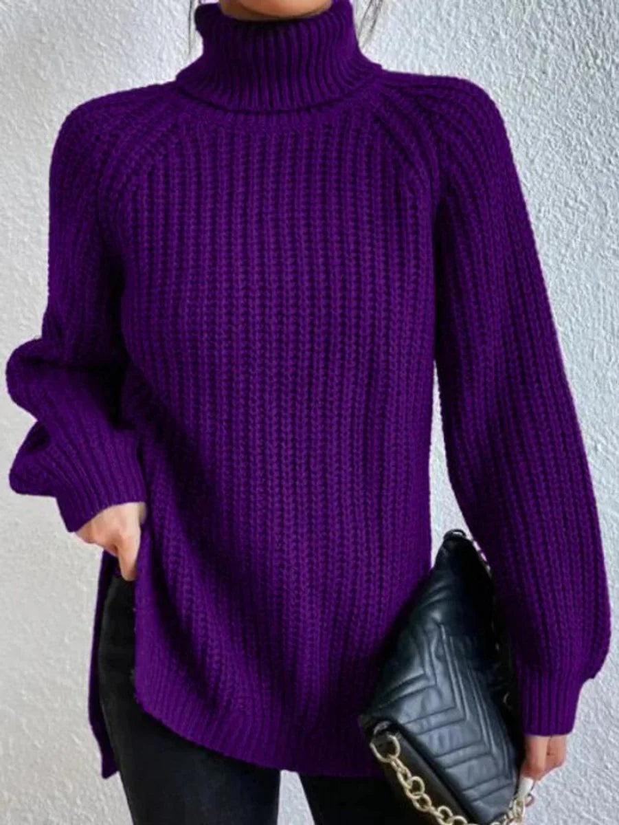 Front view showing turtleneck and side slit, purple
