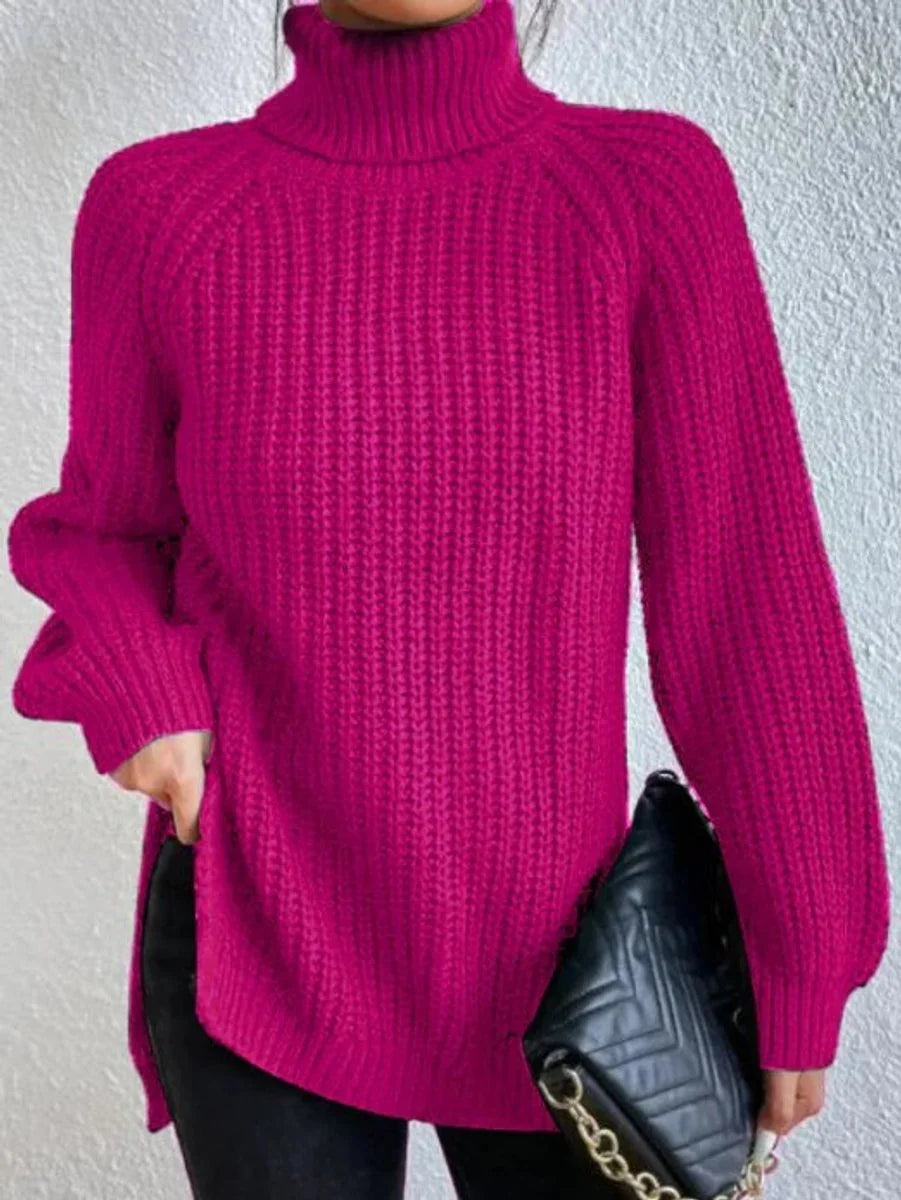 Front view showing turtleneck and raglan sleeves, pink
