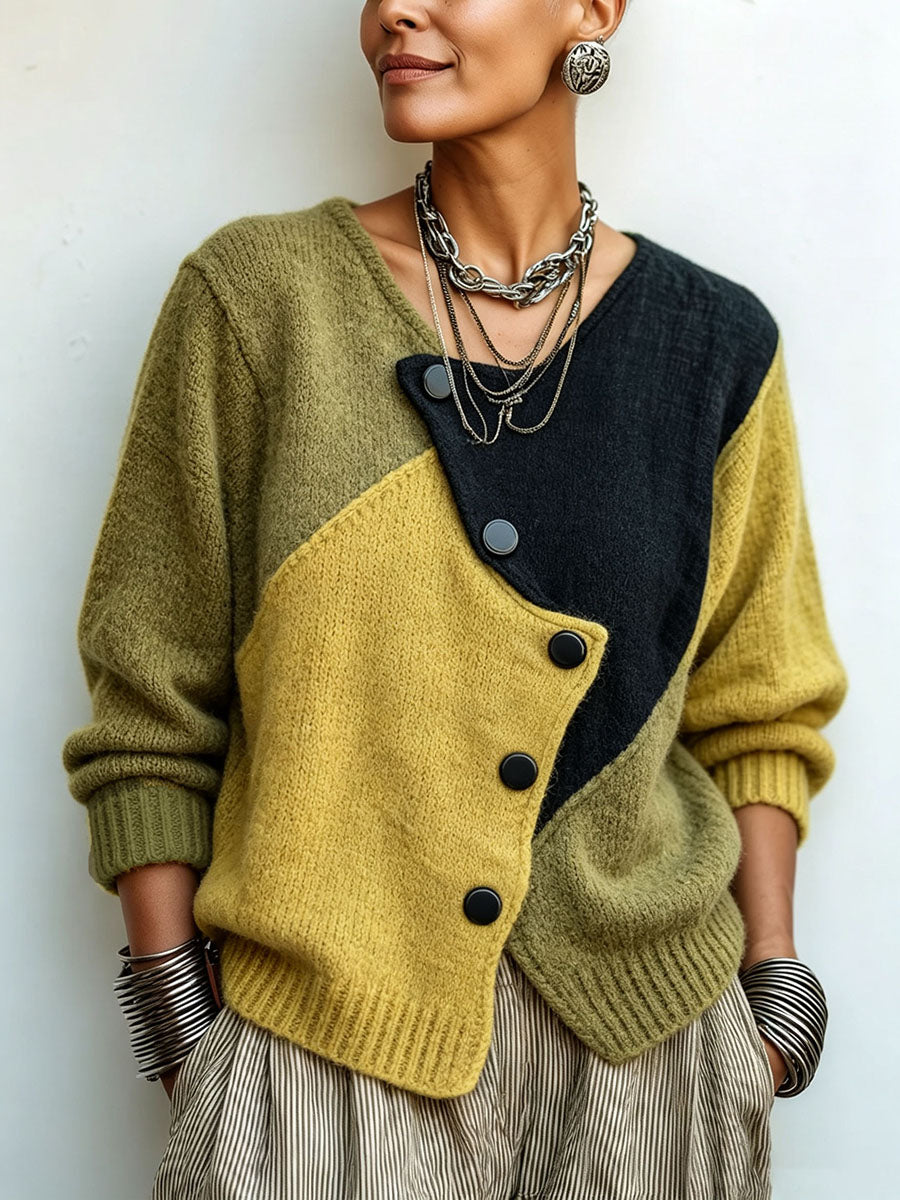 Front view showing v-neckline and button placket