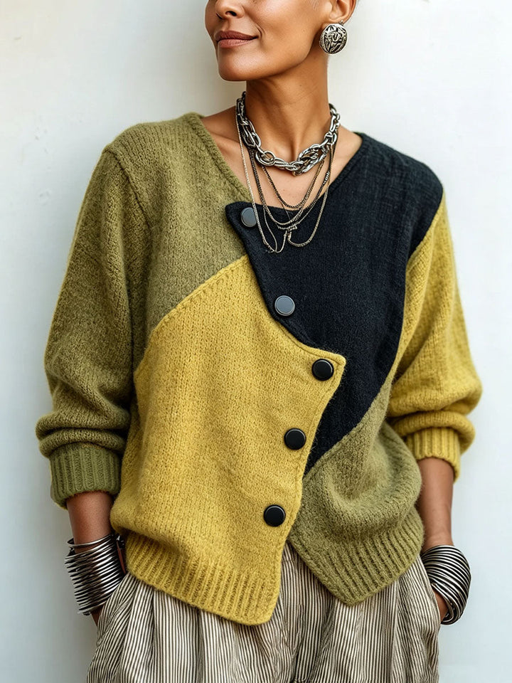 Front view showing v-neckline and button placket