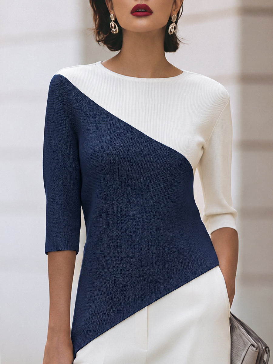 Front view showing round neckline, three-quarter sleeves and colour-block panels, navy blue
