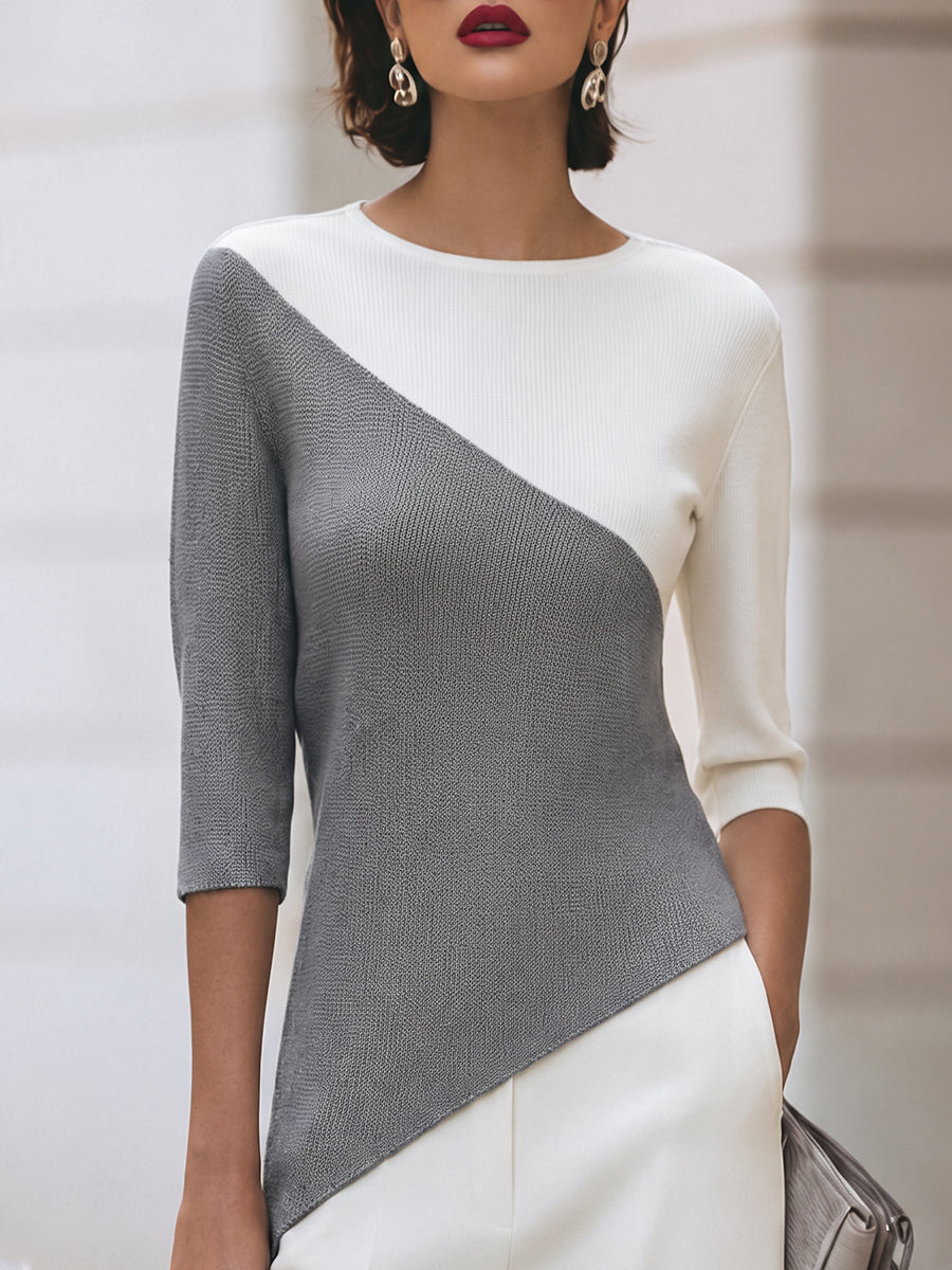 Front view showing round neckline, three-quarter sleeves and colour-block panels, grey