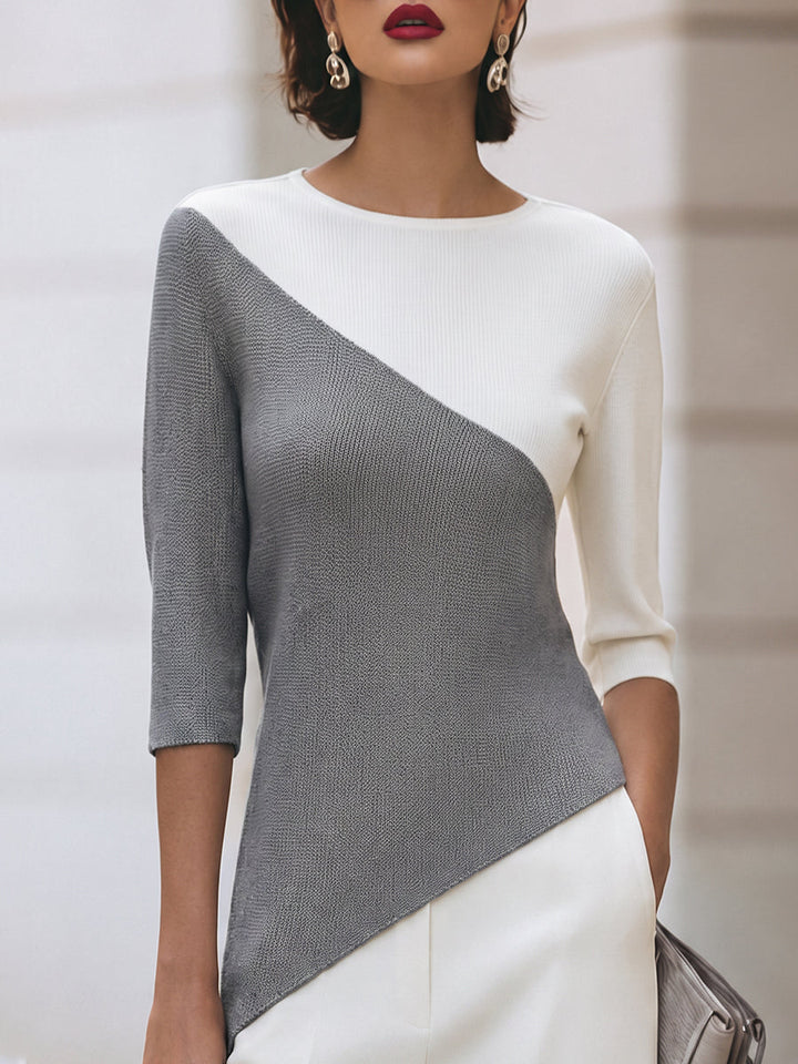 Front view showing round neckline, three-quarter sleeves and colour-block panels, grey