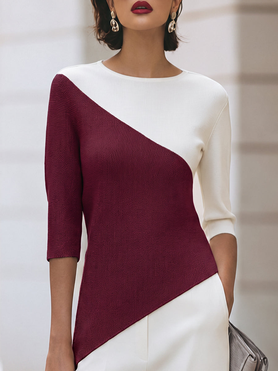 Front view showing round neckline, three-quarter sleeves and colour-block panels, burgundy