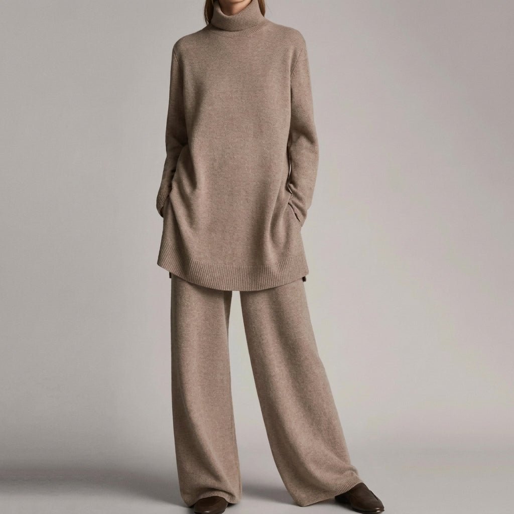 Front view showing turtleneck, side pockets, banded hem and wide legs, khaki