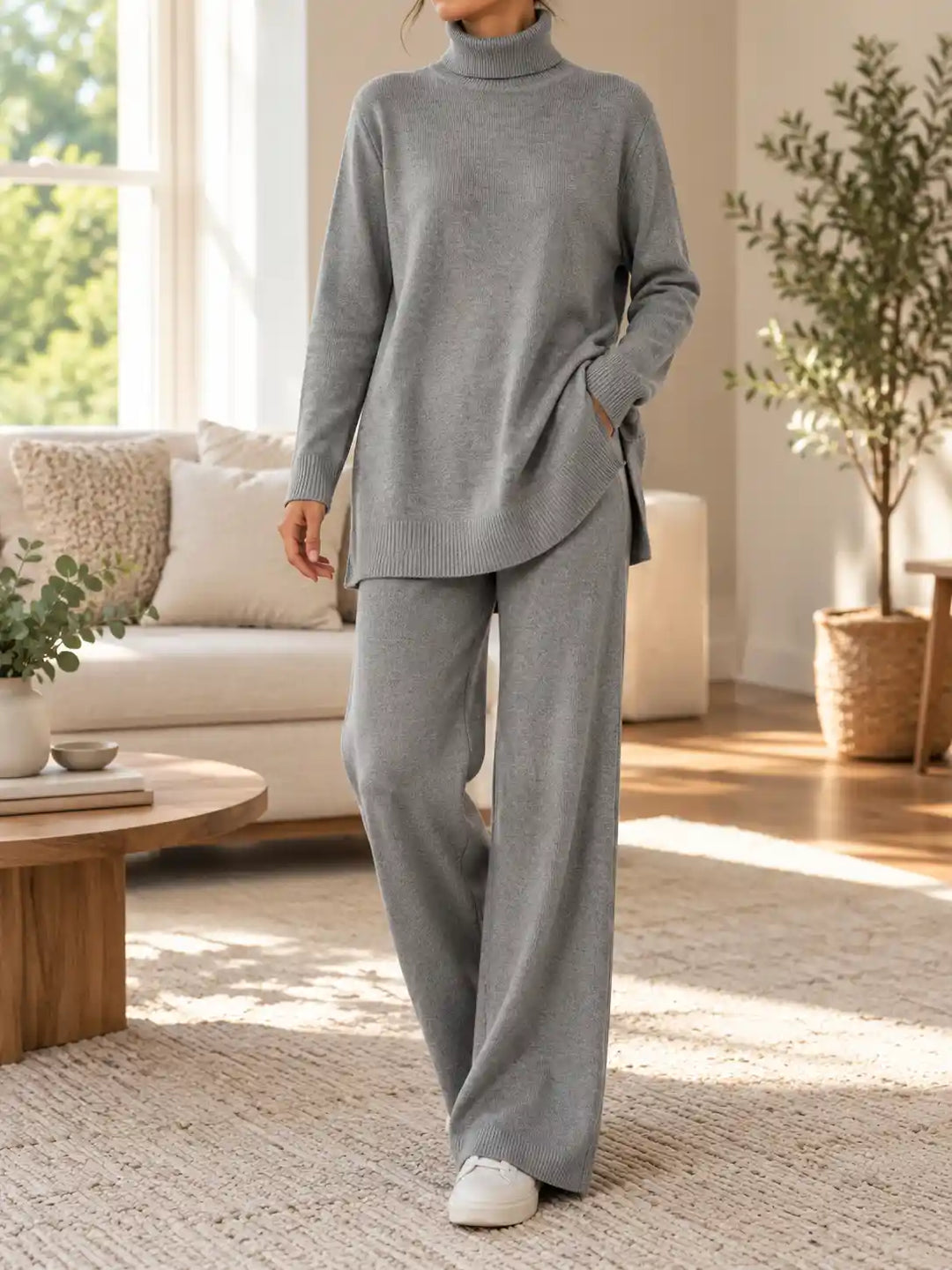 A woman wearing a light gray knit two-piece sweater and wide-leg pants set, standing in a bright, modern living room with a sofa, coffee table, and potted plant.