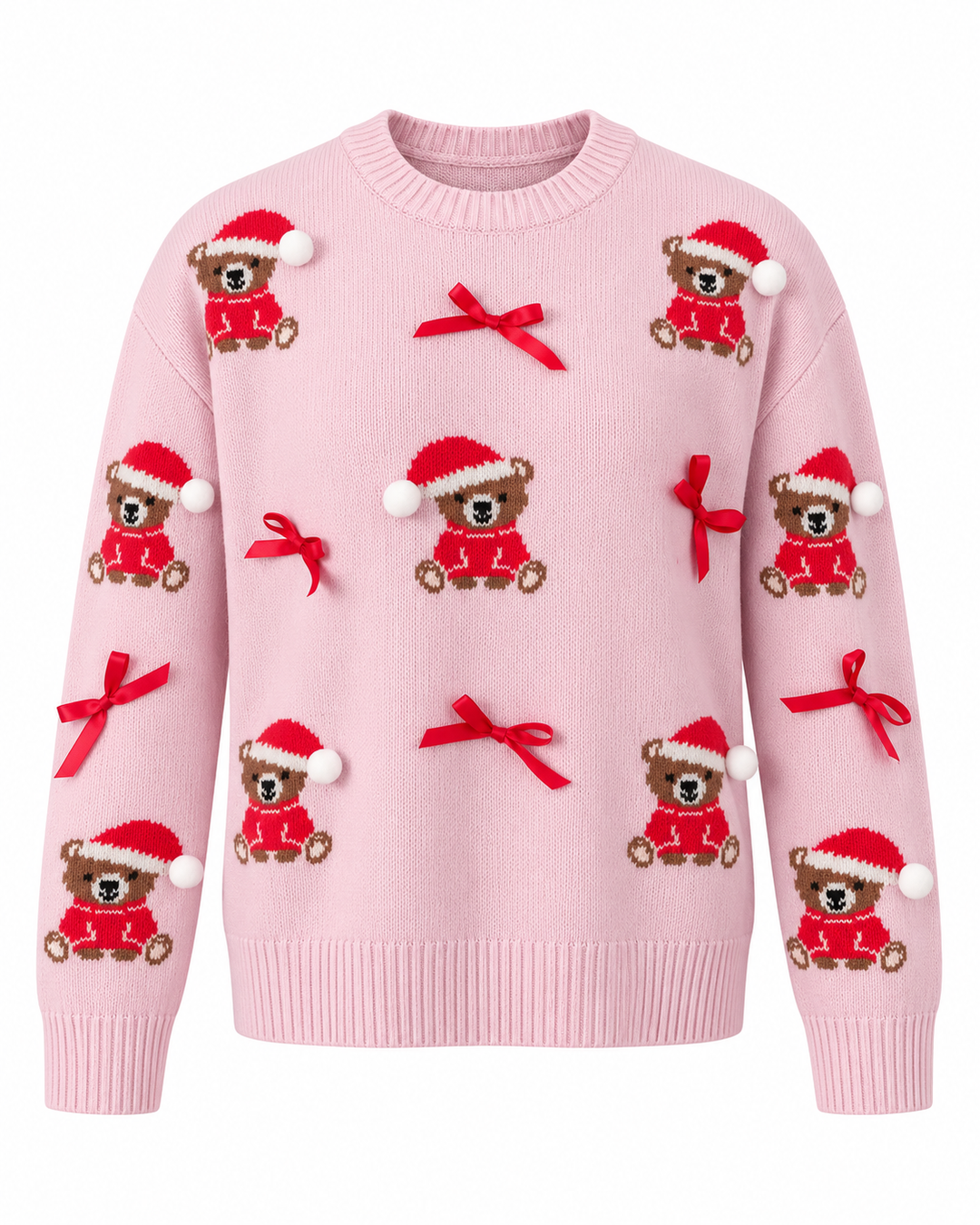 Flat lay showing round neckline, bear motifs, bows and banded cuffs