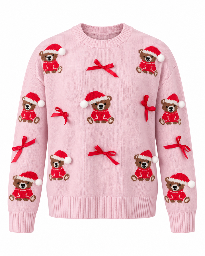 Flat lay showing round neckline, bear motifs, bows and banded cuffs