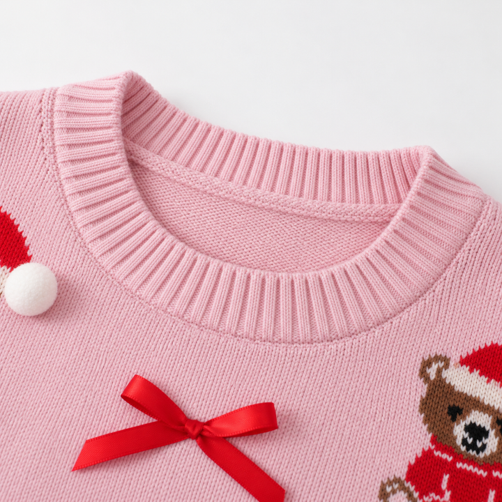 Detail of round neckline with ribbed edging and bow