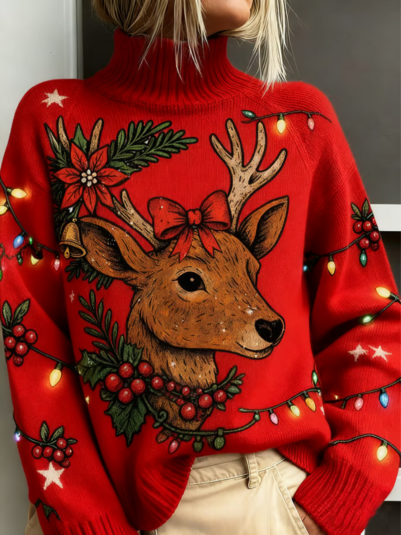 Front view of a turtleneck long-sleeve jumper with holiday print, red