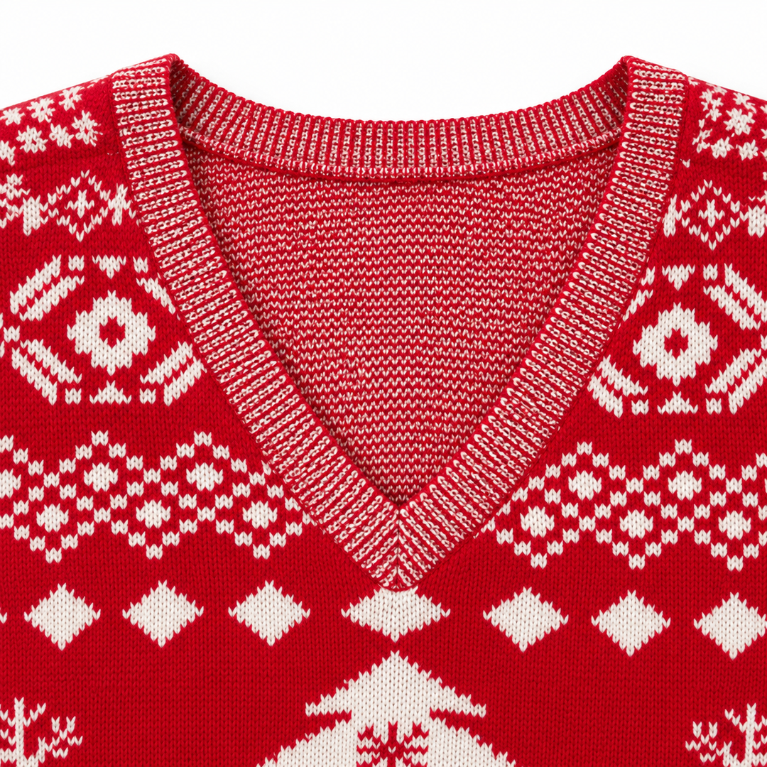 Detail view of v-neckline with ribbed edging