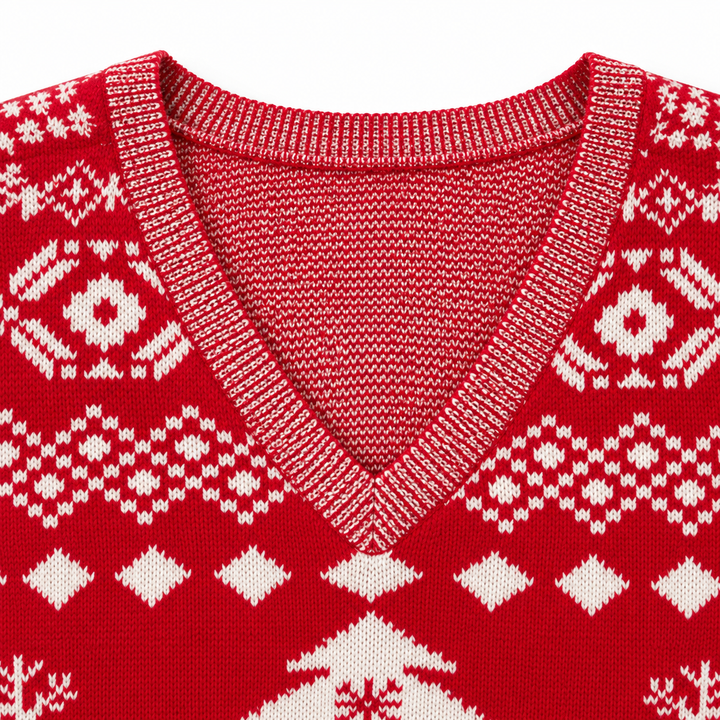 Detail view of v-neckline with ribbed edging