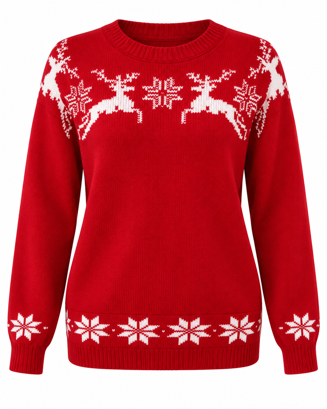 Flat lay view showing round neckline, long sleeves and snowflake hem band, red