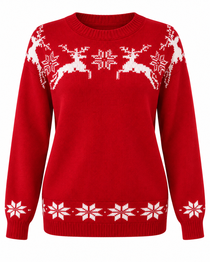 Flat lay view showing round neckline, long sleeves and snowflake hem band, red