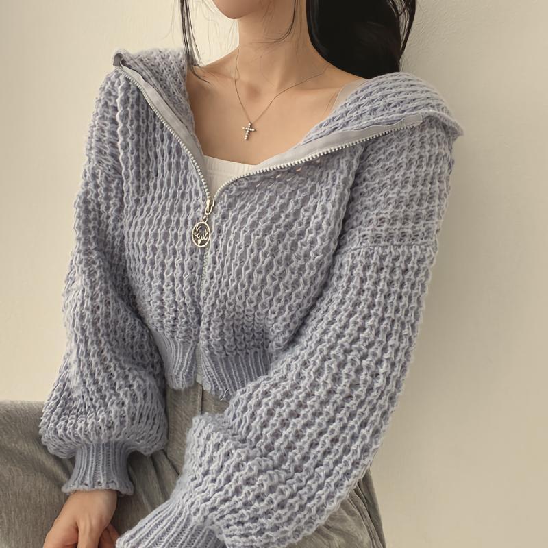 Women’s Knitted Hooded Cardigan with Front Zip and Ribbed Trim