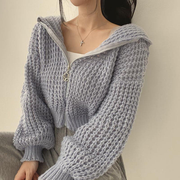 Women’s Knitted Hooded Cardigan with Front Zip and Ribbed Trim