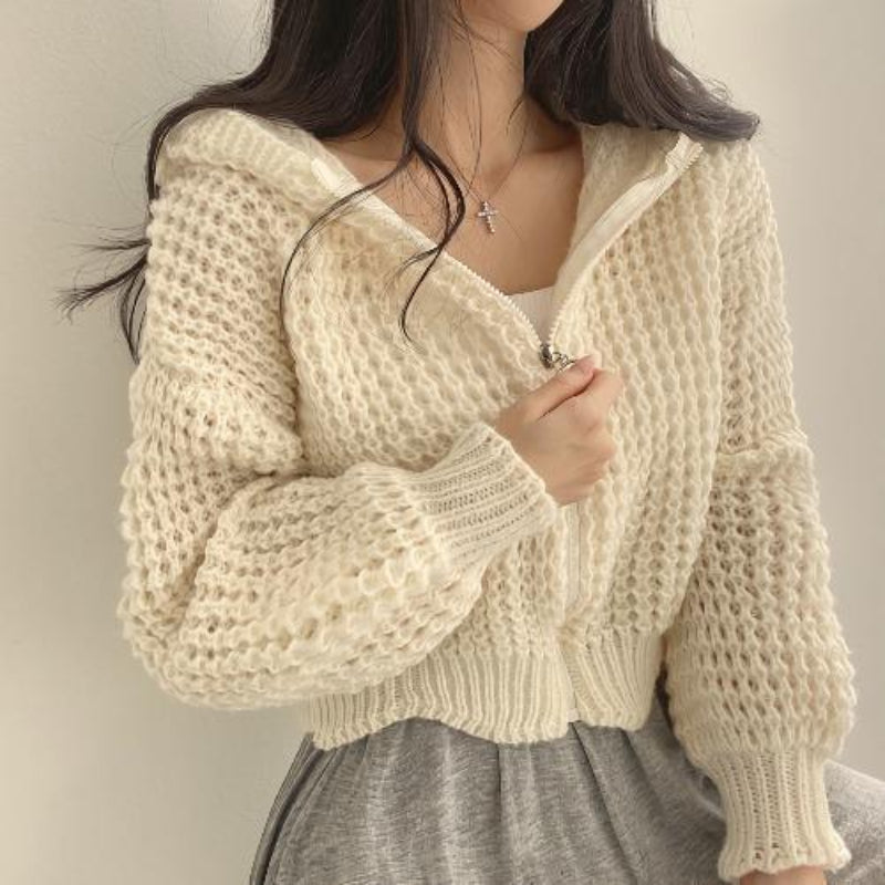 Women’s Knitted Hooded Cardigan with Front Zip and Ribbed Trim