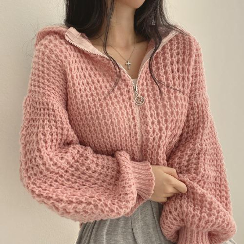 Women’s Knitted Hooded Cardigan with Front Zip and Ribbed Trim