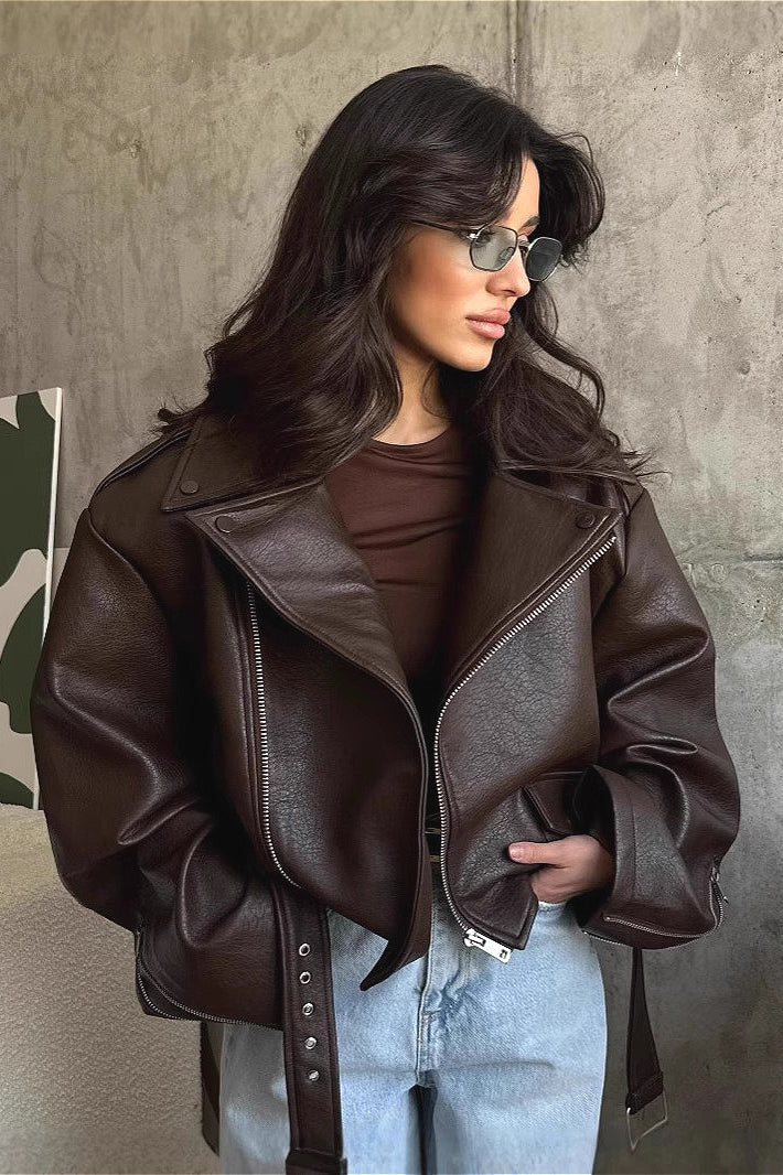 Women’s Leather Jacket with Wide Lapel Collar and Waist Tie