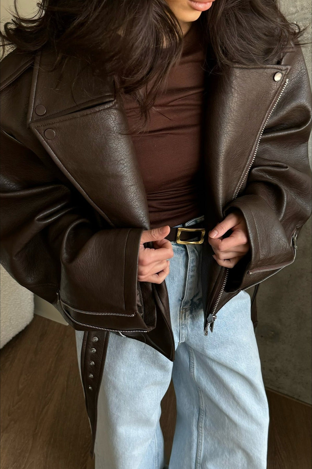 Women’s Leather Jacket with Wide Lapel Collar and Waist Tie