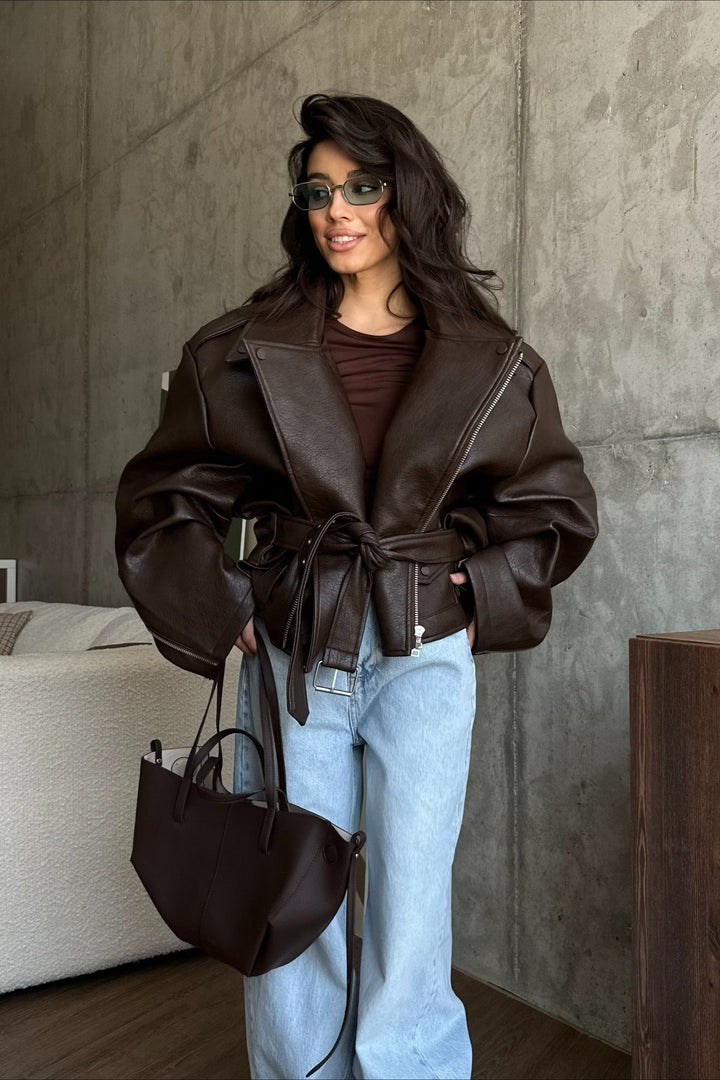 Women’s Leather Jacket with Wide Lapel Collar and Waist Tie