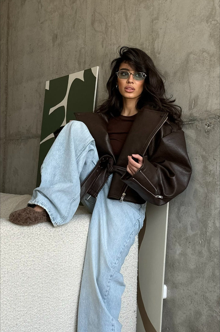 Women’s Leather Jacket with Wide Lapel Collar and Waist Tie