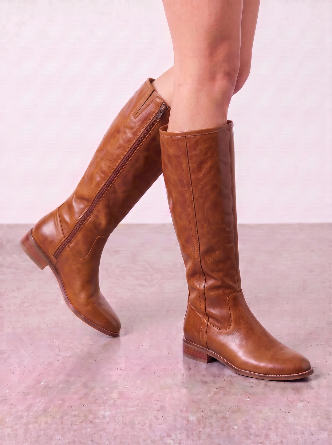 Side view of knee-high upper and side zip, brown